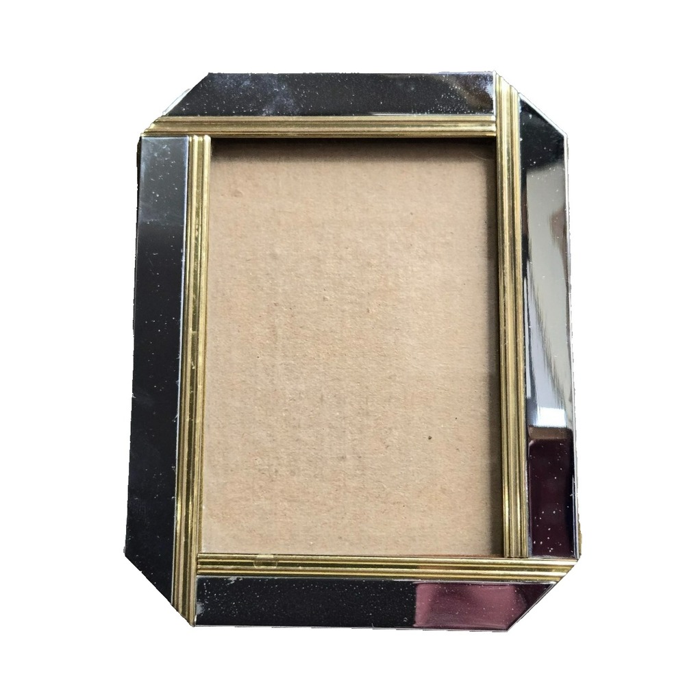 Vintage Octagon Mirrored Glass Photo Frame Brass Trim 3x4.5 Tabletop Stand Korea